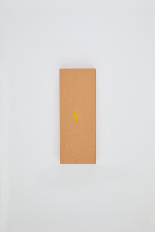Rectangular brown box with a yellow logo on a white background