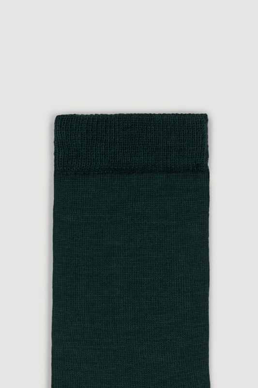 Close-up of the top of a dark green calf length merino sock on a white background