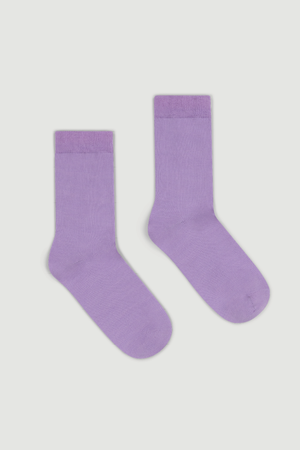 Pair of lilac calf length merino socks on a white background