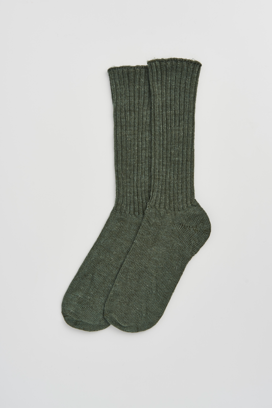 Pair of green mohair ribbed socks on a light grey background