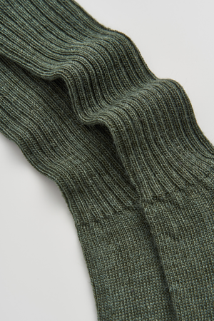 Close-up of a pair of green mohair ribbed socks on a light grey background