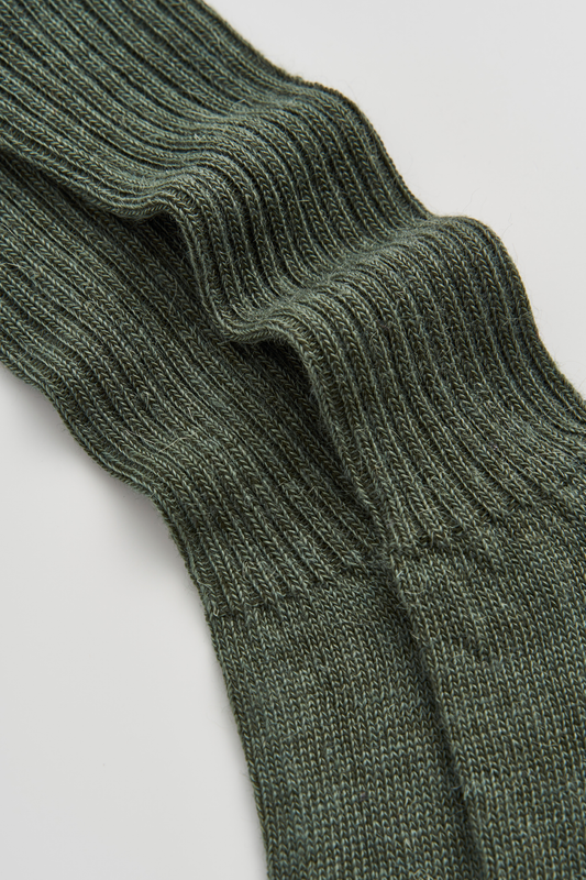 Close-up of a pair of green mohair ribbed socks on a light grey background