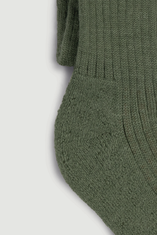 Close-up of the heel of a green wool knee high sock
